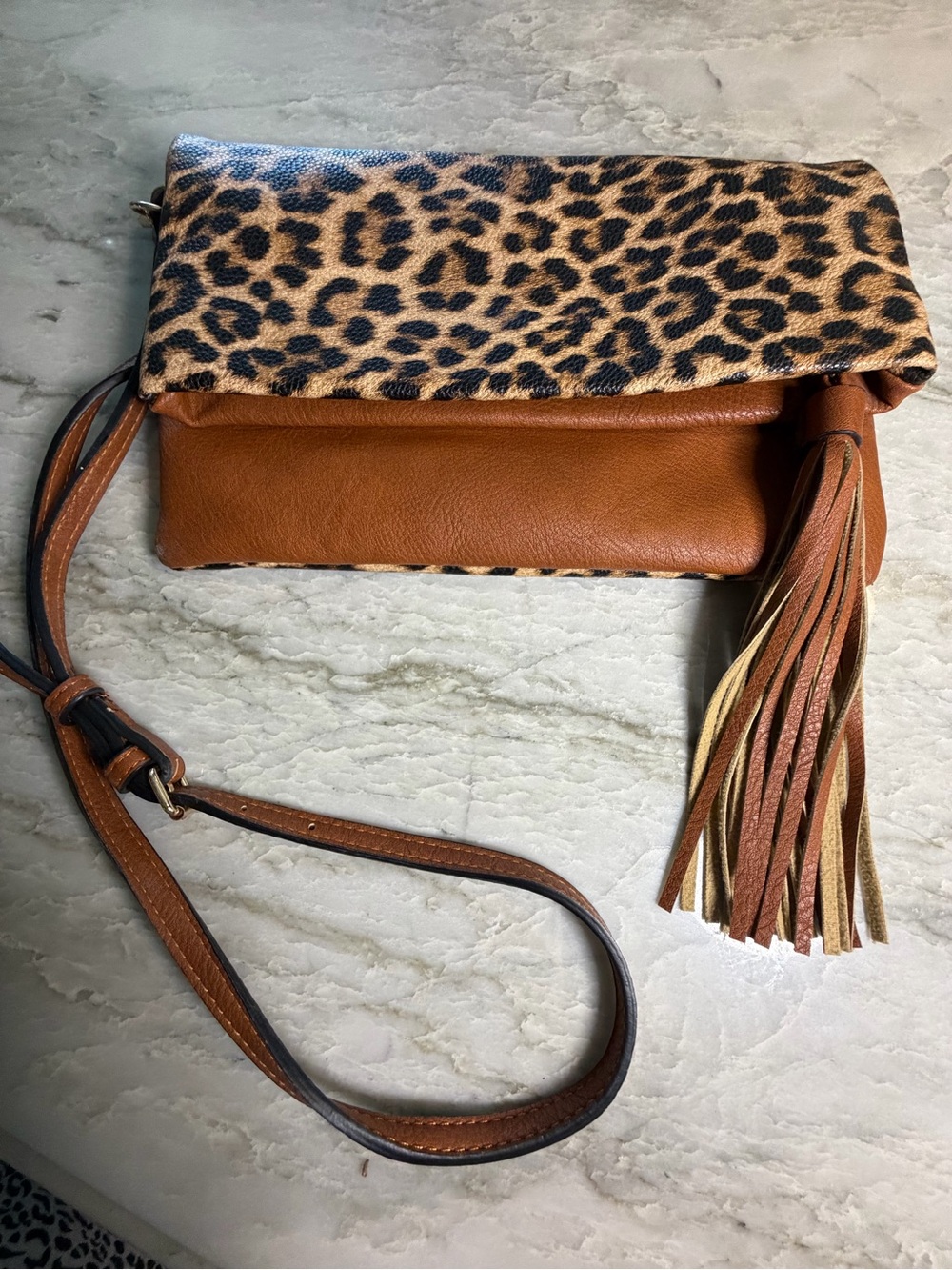 Leopard Print Fold-Over Crossbody Bag in Tan - Picture 7 of 7